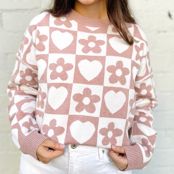 Light Pink/Mauve and White Checker Floral Sweater - Picture 1 of 4